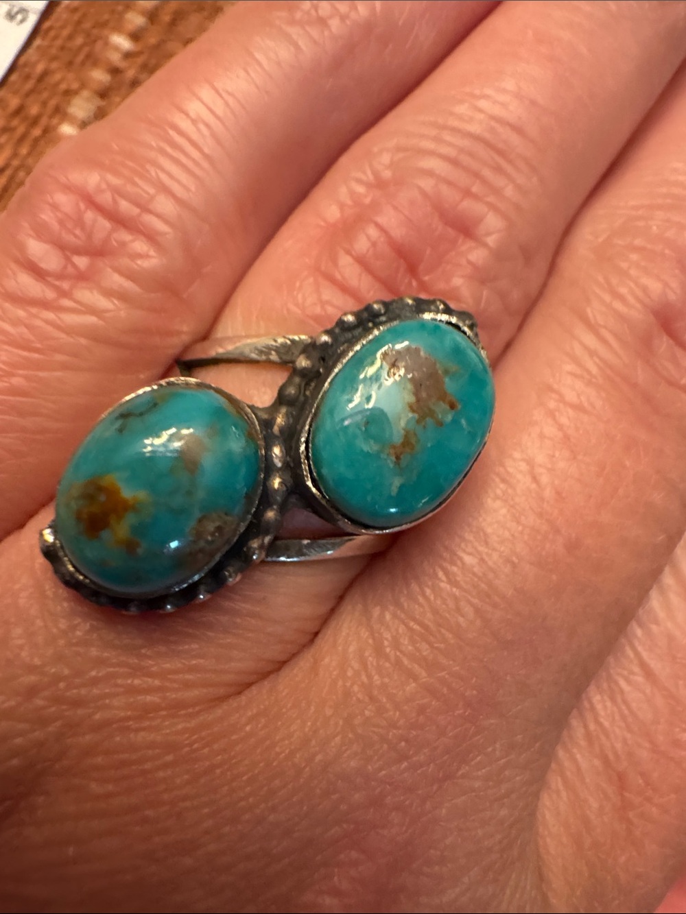 Sterling Silver Turquoise Double Stone Sterling Ring - Signed